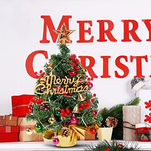 Sggvecsy 23 Asztali Mini karácsonyfa Mesterséges karácsonyfa 30 LED Csillagos Treetop fenyőtoboz Golyó Harangok Piros Bogyós gyümölcsök