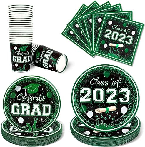 2023 Érettségi Party Kellékek Tányér Szett Zöld Tányért, Szalvétát, Poharak Congrats Grad Parti Dekoráció Osztály 2023 középiskola