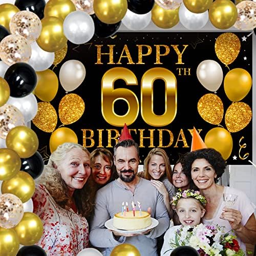 Fekete-Arany 60-ik Születésnapját Zászló Dekoráció Léggömb, Konfetti, Arch Garland, Boldog 60 Éves Születésnapi Hátteret Léggömb