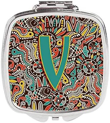Caroline Kincsek CJ2013-VSCM Levelet V Retro Törzsi Ábécé Első Kompakt Tükör, Dekoratív Utazási Smink Tükör a Nők, Lányok