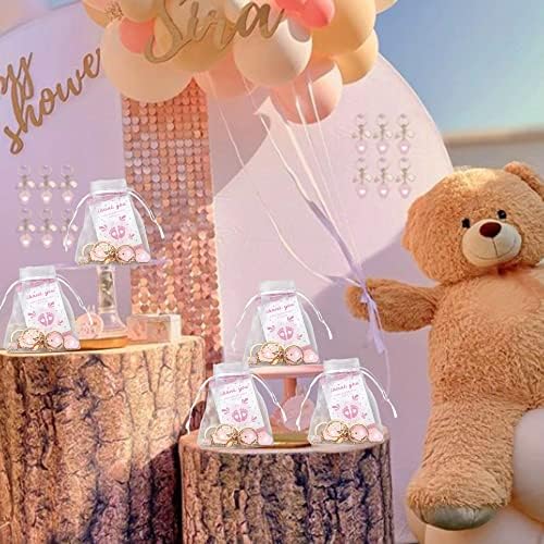 BUYWUMORE 12 Beállítja Baby Shower Szívességet Rózsaszín Lábnyom Keychains Ajándék Üveg Lollipop Fehér Organza Zsák Köszönjük