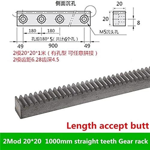 MKSIWSA Ipar 2 Mod Spur Gear Rack Igaz Fogak 20 * 20 Hossz 1000mm Lineáris Útmutatók Acél Alkatrészek CNC Modulus 2 (Szín : Lyukak