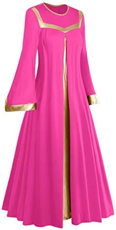 A Nők Fémes Liturgikus Dicséret Tánc Ruha + Derék Istentisztelet Jelmez Bell Hosszú Ujjú Bi Color Lírai Dancewear