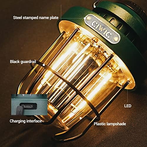 LED Kemping Lámpa, Újratölthető,Végtelenül Változó Fény Mód, Fém Kemping Lámpa, elemes, Lógó Retro Fény, IPX4, Vízálló, Hordozható