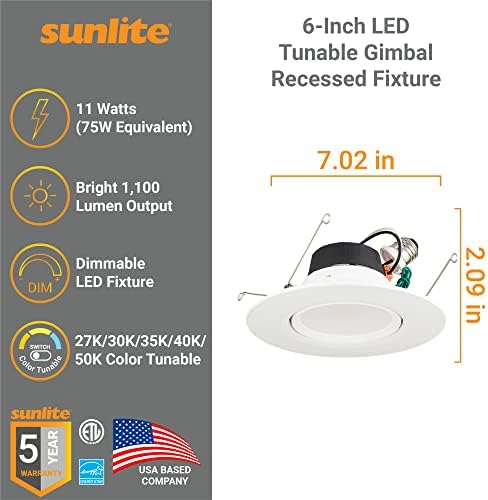 Sunlite 41741 5/6-Es LED Utólag Gimbal Süllyesztett Mélysugárzó, 11 W, 1100 Lumen, Színes Hangolható 27K/30 méter után/35K/40K/50K,