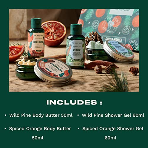 A Body Shop Felvidítani & Csoda, Narancs & Pine Essentials Ajándék Szett – Ünnep Bőrápoló Készlet – Vega – 4 Elem