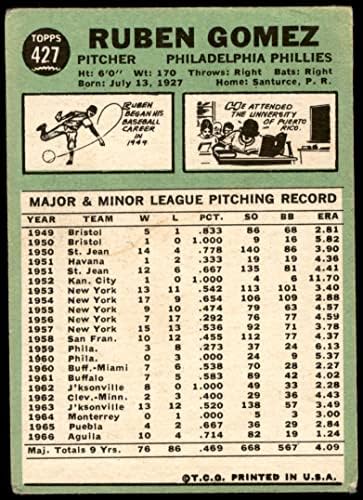 1967 Topps 427 RB Ruben Gomez Philadelphia Phillies (Baseball Kártya) (Mindkét Vonal alatt Statisztika Vissza & szintén a Karrier Statisztika)