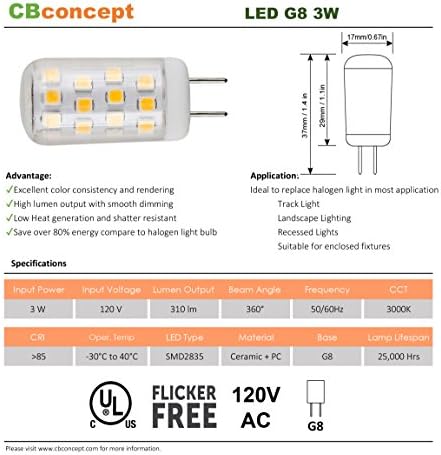 CBconcept UL, a G8-ak LED Izzó (Standard 37mm, Hossza), 2 Csomag, 3 Watt, 310 Lumen, Nem Szabályozható, Meleg Fehér 3000K, 360