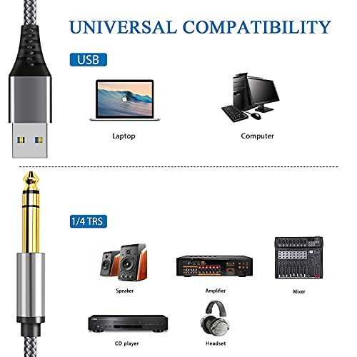 USB-1/4 Férfi TRS Sztereó Audio Kábel, USB-6.35 mm Jack Audio Adapter Kompatibilis Laptop，Windows vagy PC，Erősítő, Hangszóró, Fejhallgató.6.6