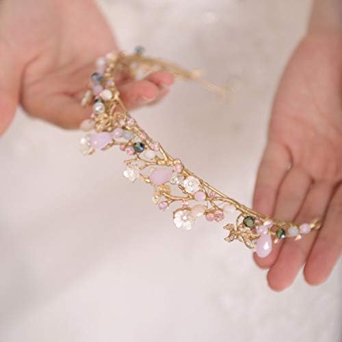 FXmimior Menyasszonyi Haj Kiegészítők, Arany, Rózsaszín Virág Gyöngy Esküvői Korona Fejpánt Nők Kristály Tiara Fejdísz Esküvői