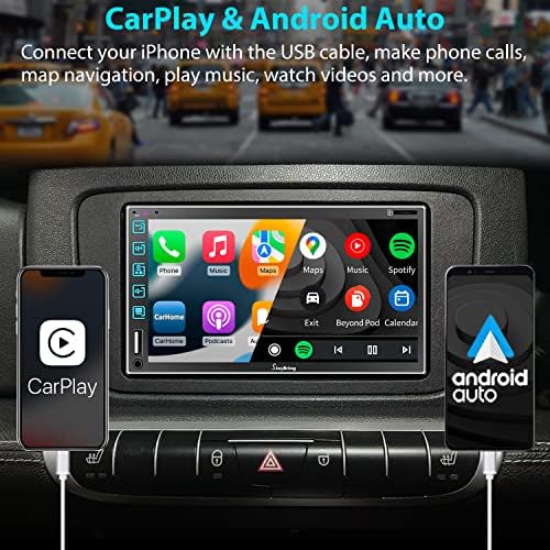 Autó Sztereó Hang Kontroll Carplay, Android Auto, 7 Inch Dupla Din autórádió HD érintőképernyő, Bluetooth 5.2, Tükör Link, Kormánykerék