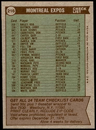 1976 Topps 216 Kiállítások Csapat Lista Karl Kuehl Montreal Kiállítások (Baseball Kártya) NM Kiállítások