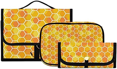 MNSRUU Tisztálkodási Táska Arany Honeycomb Sárga Hatszög Lóg Smink Utazási táska Tartozik 3 DB Toalett Szervező Táskák Hordozható