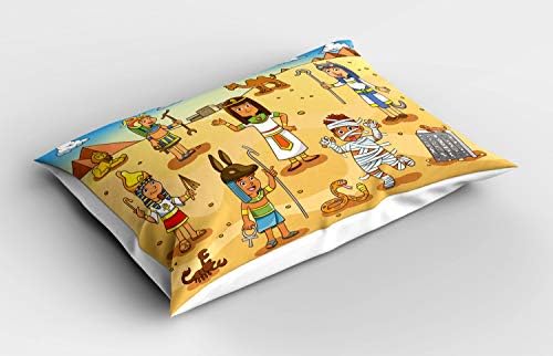 Ambesonne Rajzfilm párnahuzatot, Történelmi Egyiptom Karakter Piramisok Kleopátra Király Múmia Design Kép, Dekoratív Szabványos