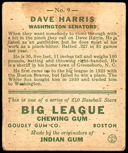 1933 Goudey 9 Dave Harris Washington Senators (Baseball Kártya) JÓ Szenátorok
