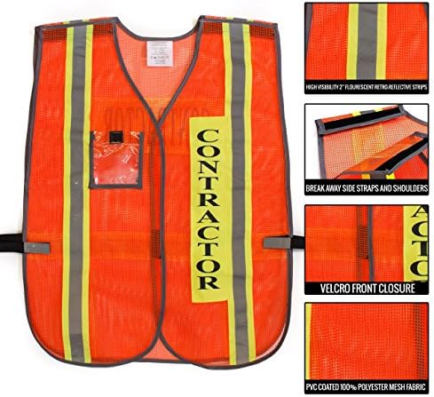 (Doboz Ügy) RK 8001 Vállalkozó Biztonsági Mellény Fényvisszaverő Csíkokkal Tiszta Műanyag ID Zseb (50 - Pack, Neon Narancs)