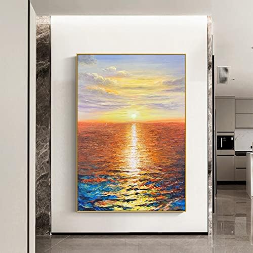 Vastag Mintás 3D Festés Kézzel készített Napkelte Tengerparti Luxus Óceán 3d-s Kés Festmény, Olaj, Vászon Festmény Kézzel