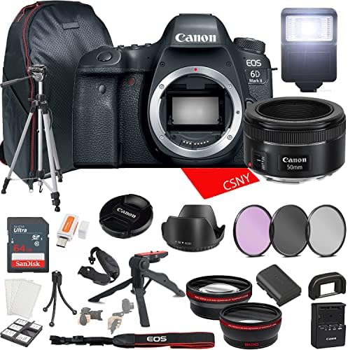Canon EOS 6D Mark II DSLR Fényképezőgép w/EF 50mm F/1.8 STM Objektív + 64 GB Memória + Vissza Csomag Esetében + Állvány, Objektívek,