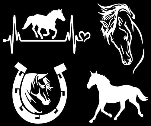 Ló Matrica 4 Csomag: Ló Szívverés, Patkó, Ló Vágtatott, Részletes Ló Fejét (Fehér, Nagy ~5)