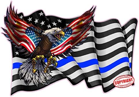 Vékony Kék Vonal Integetett Amerikai Zászló Sas Matrica (5 x 3)