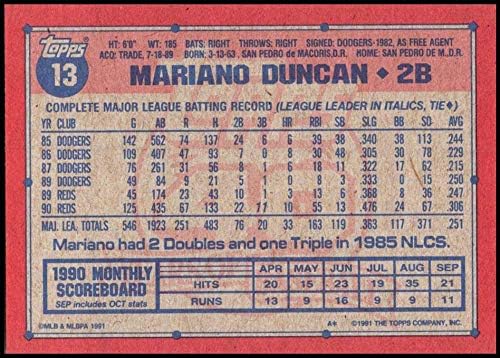 1991 Topps 13 Mariano Duncan NM-MT Cincinnati Reds Hivatalosan Engedélyezett MLB Baseball Trading Card