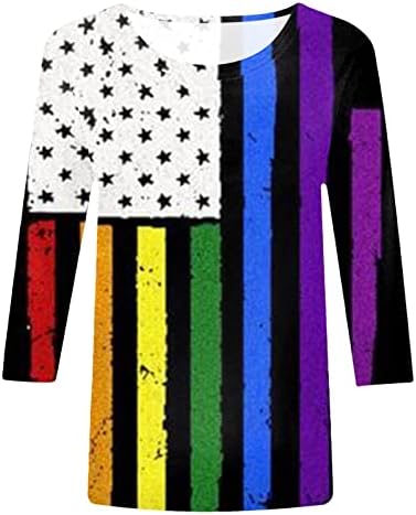 Július 4-Ingek, Női USA Zászló Nyári 3/4-Es Ujjú Sleeve Tshirt háromnegyedes Ujjú Lélegző Kényelmes Blúzok