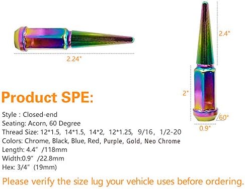 20pc Spike Húz Dió 12x1.5 Neo Chrome 4.4 Magas Offroad Kiterjesztett Fém Fülekkel Prémium, 1 Aljzat Kulcs Mellékelve