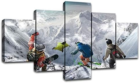 Extrém Sport Wall Art Síelés Vászon Nyomatok Fali Dekor 5 Panel Snowboard Kép lakberendezési Poszter Keret Festmény Kész Lógni(60Wx32H)