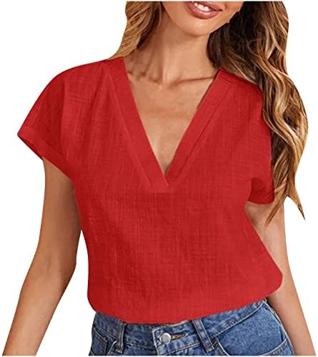 Camisetas Camisas Mujer Szín sólido Algodón Lino Felső Blusa Cuello Redondo Manga Corta Camiseta holgada Ropa Túnica