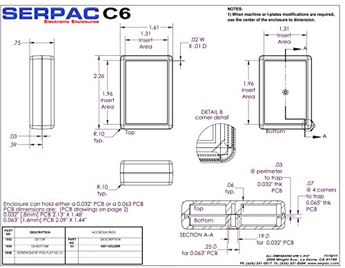 Serpac C6 ABS Műanyag Burkolat, 2.26 Hossz x 1.61 Szélesség x 3/4 Magas, Fekete