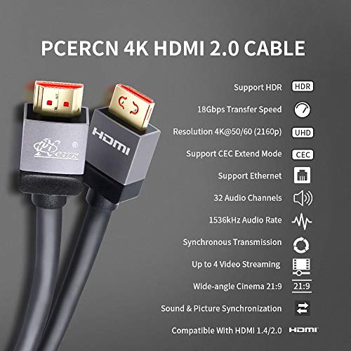 PCERCN 4K-60HZ HDMI Kábel 6.6 FT, HDMI 2.0 Kábel Csatlakozó Kapcsokat 30 AWG OFC Réz Mag, 18Gbps nagysebességű 2.0 Ultra HD Fonott Zsinór