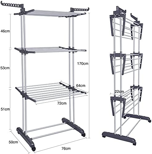 innotic Ruha Szárító Állvány, Rozsdamentes Acél Túlméretezett 4-Tier Összecsukható Rolling Szárító Állvány Ruházat Összecsukható Mosás, Szárítás