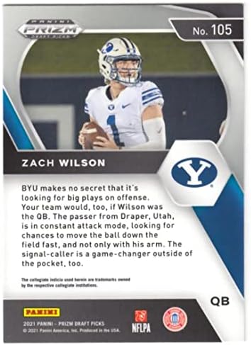 2021 Panini Prizm Tervezet Csákány 105 Zach Wilson BYU Pumák (RC - Újonc Kártya) NFL Labdarúgó-Kártya NM-MT