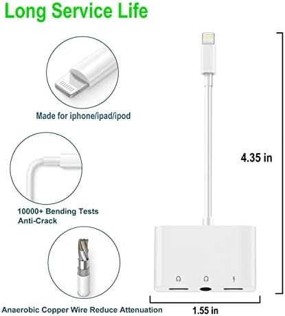 3 in 1 Fejhallgató Adapter iPhone, Villám 3,5 mm-es Fejhallgató Jack Adapter, Villám Audio & Töltő Adapter Adapter Kábel Elosztó