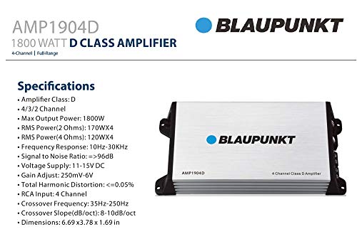 Blaupunkt AMP1904D Univerzális Autó Hangszóró, D Osztályú Erősítő 4-Csatornás 1800 Watt Max. Teljesítmény