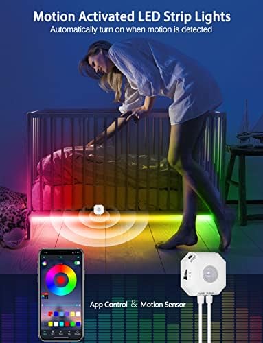 Daymeet Mozgásérzékelő LED Szalag Világítás, 16.4 ft RGB mozgásérzékelős Alatt, Ágy Világítás Automatikus Kikapcsolás Időzítő