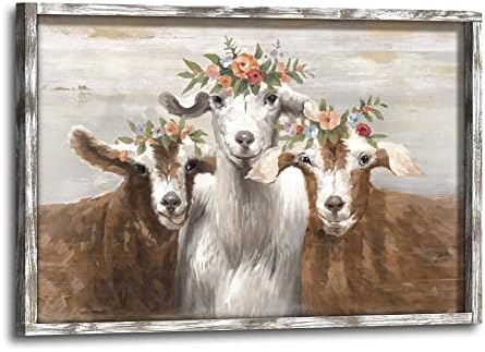 Farm Állat Keretes Wall Art: Parasztház Kecske Álló, Fából készült Kép, Festmény Rusztikus Ország Bárány Virág Korona Nyomtatás Grafika