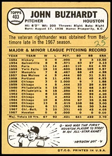 1968 Topps 403 John Buzhardt Houston Astros (Baseball Kártya) VG Astros