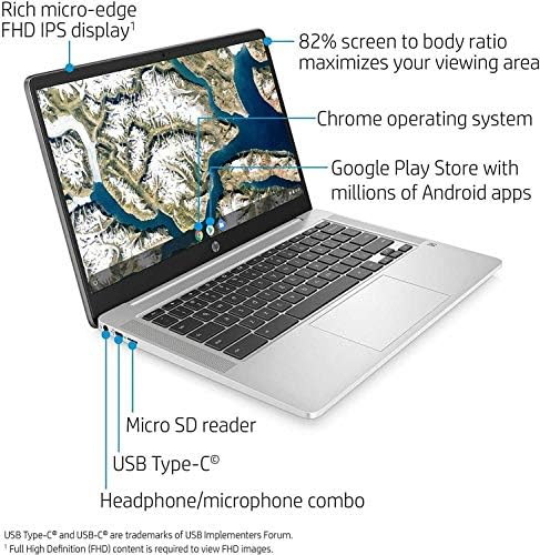 HP Chromebook 14-Es Laptop FHD, Intel Celeron N4000, 4GB RAM, 64 gb-os Tároló, WiFi, Webkamera, Bluetooth, USB-C, B&O Hang,a Chrome OS Bónusz