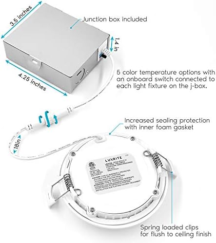 LUXRITE 4 Hüvelykes Ultra Vékony LED Süllyesztett Fény csatlakozó Doboz, 10W, CCT Szín Választható 2700K | 3000K | 3500K | 4000K | 5000K,