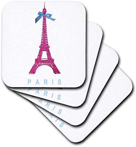 3dRose Forró Rózsaszín Eiffel-Torony Párizs a lányos kék szalag íj - Fehér elegáns Párizsi Franciaország emlék - Puha, Alátétek, készlet 4