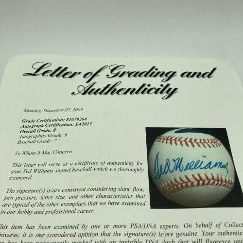 Gyönyörű Ted Williams Egyetlen Aláírt AL Baseball PSA DNS-Auto Osztályozott MENTA 9 - Dedikált Baseball