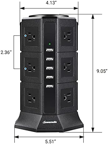 DEWENWILS16FT elosztó Torony, 12-Outlet túlfeszültségvédő elosztó, 5-USB Port, 2-Kapcsoló Központ, 15A, Circuit Breaker, 1500Joules,