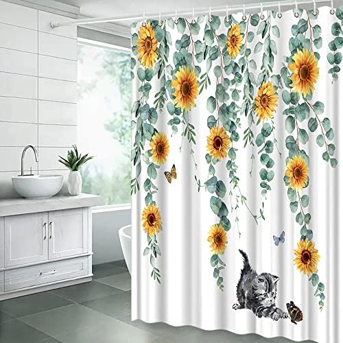 AMHNF Zsálya Zöld Levelek zuhanyfüggöny Eukaliptusz Levél Sárga Napraforgó Botanikus Akvarell Virágos Növény Esztétikai Természet