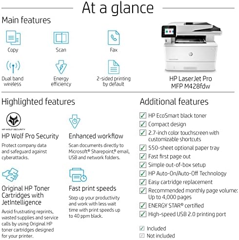 HP Laserjet Pro MFP M428fdw Vezeték nélküli fekete-Fehér multifunkciós Lézer Nyomtató, Fekete - Nyomtatás Beolvasás Másolás Fax