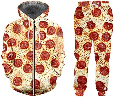 Alkalmi Fél 3D Vicces Pizza Nyomtatás Férfi Beállítja Zip kapucnis felső Melegítő Kocogó Férfi Öltöny 2db Melegítő