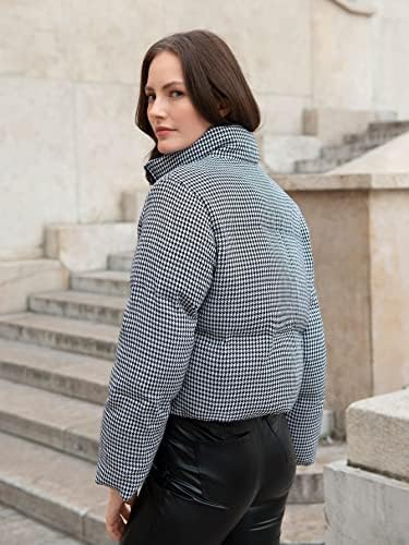 EDWOL Kabátok Női Női Kabát houndstooth minta Zip Fel Puffer Coat Kabátok (Szín : Fekete, Fehér, Méret : Nagy)