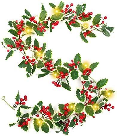 Joyhalo 6 ft Karácsonyi Holly Berry Garland csupán Dekoráció, Beltéri, Kültéri Haza Kandalló Dekoráció Téli Karácsonyi Ünnep