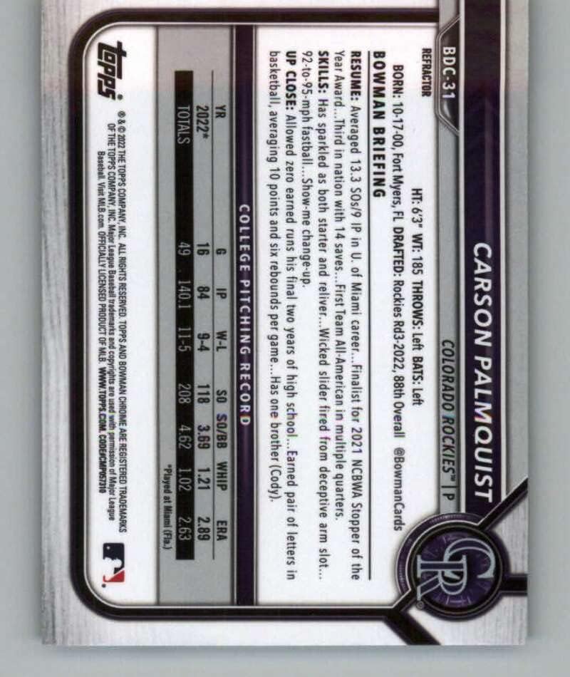 2022 Bowman Chrome-Tervezet Refraktor BDC-31 Carson Palmquist Colorado Rockies RC Újonc MLB Baseball Trading Card