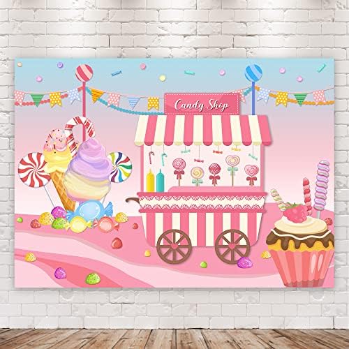 Riyidecor Lollipop Candyland Candy Shop Hátteret Rajzfilm 7Wx5H Méter Baba Zuhany Édes Lány Szövet Pink Ice Cream Színes Zászlók